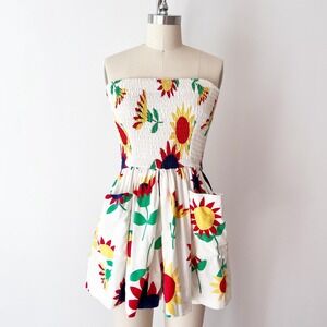 Strega Bonwit Teller Vintage Sunflower Strapless Smocked Mini Romper White Multi